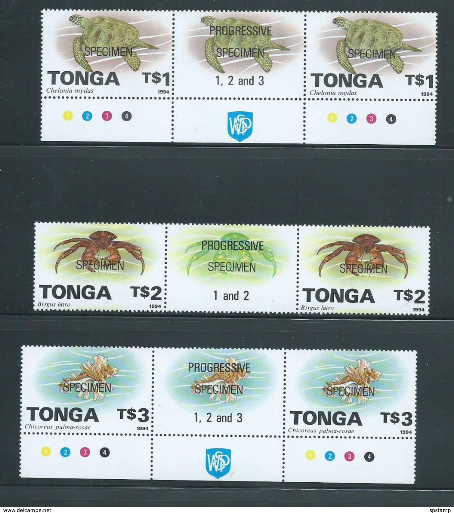 Tonga 1994 Marine Life Definitives $1 Turtle , $2 Crab , $3 Shell As Gutter Pairs MNH Specimen O/P - Tonga (1970-...)