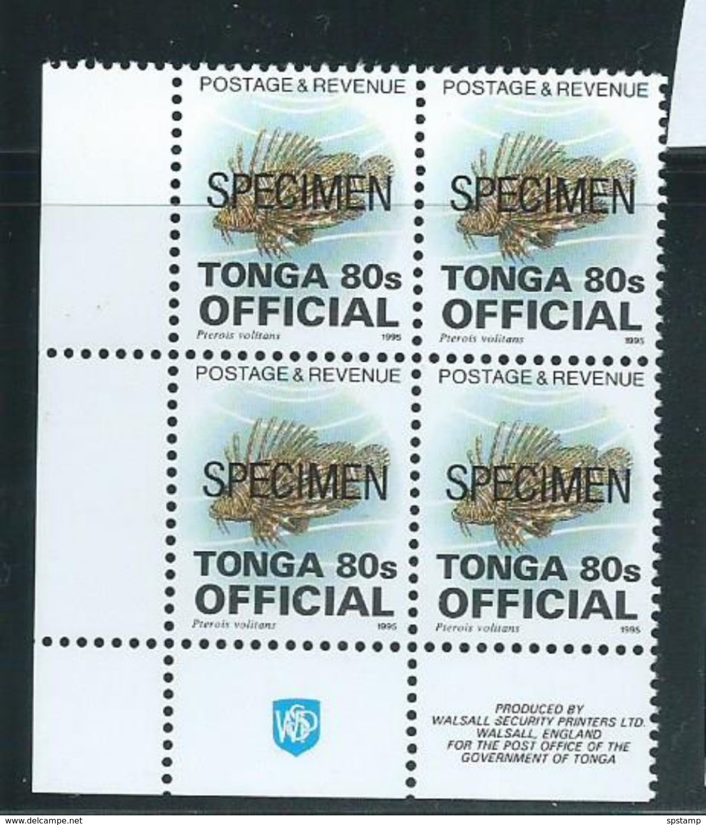 Tonga 1995 Marine Life Official Definitives 80s Fish  MNH Imprint Block Of 4 Specimen O/P - Tonga (1970-...)