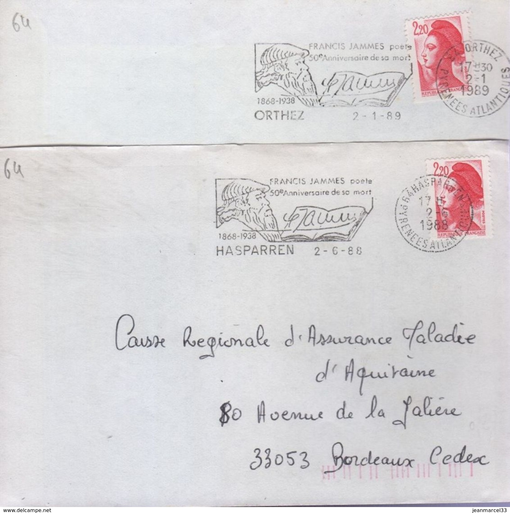 Lettre Célébrité 64 Hasparren 1988 Et 64 Orthez 1989 =o "Francis Jammes Poète 50e Anniversaire De Sa Mort...(portrait) - Chanteurs