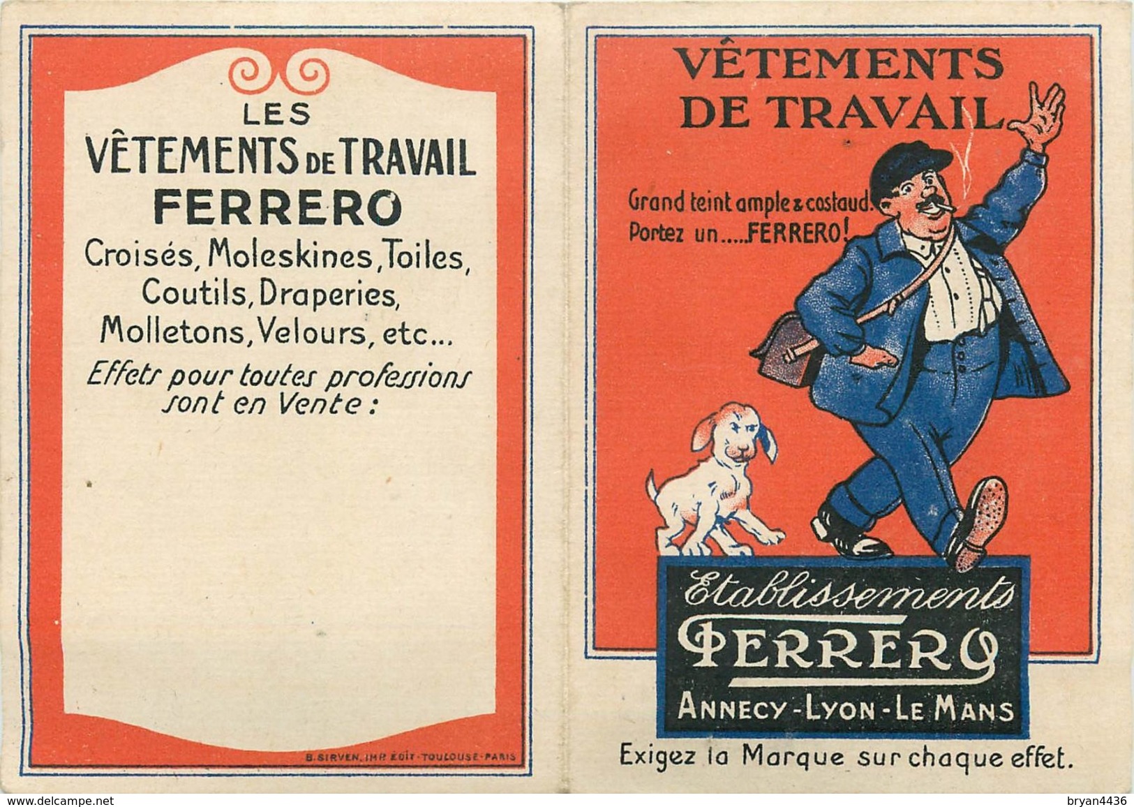 VÊTEMENTS DE TRAVAIL "FERRERO" - Ets; FERRERO à ANNECY, LYON, LE MANS - CALENDRIER ILLUSTRE PUB -1929 - (7,5 X 10,5 Cm) - Petit Format : 1921-40