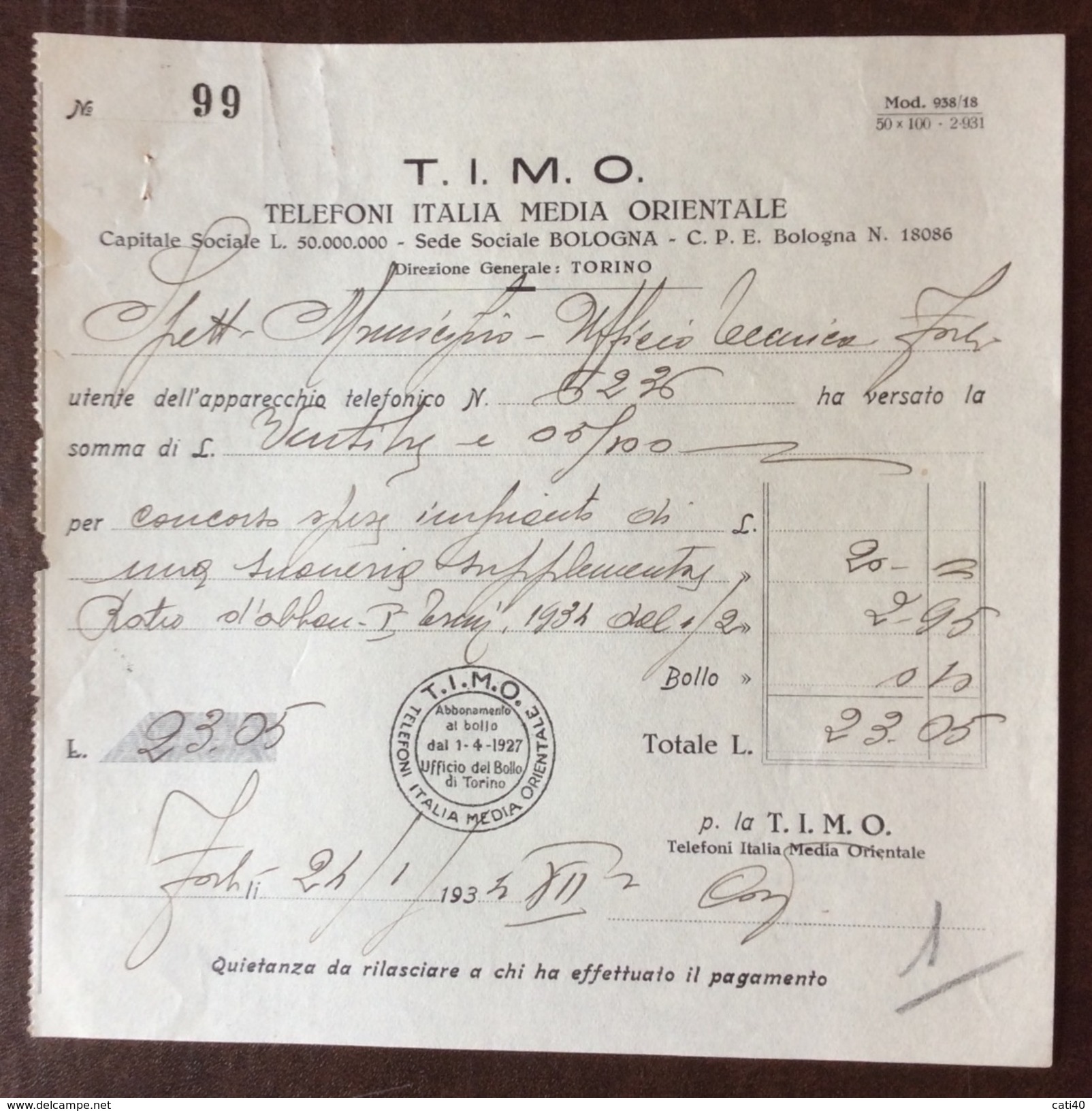T.I.M.O. TELEFONI ITALIA MEDIA ORIENTALE  RICEVUTA PAGAMENTO PER UNA SUONERIA SUPPLEMENTARE....24/1/1934 - Geografia