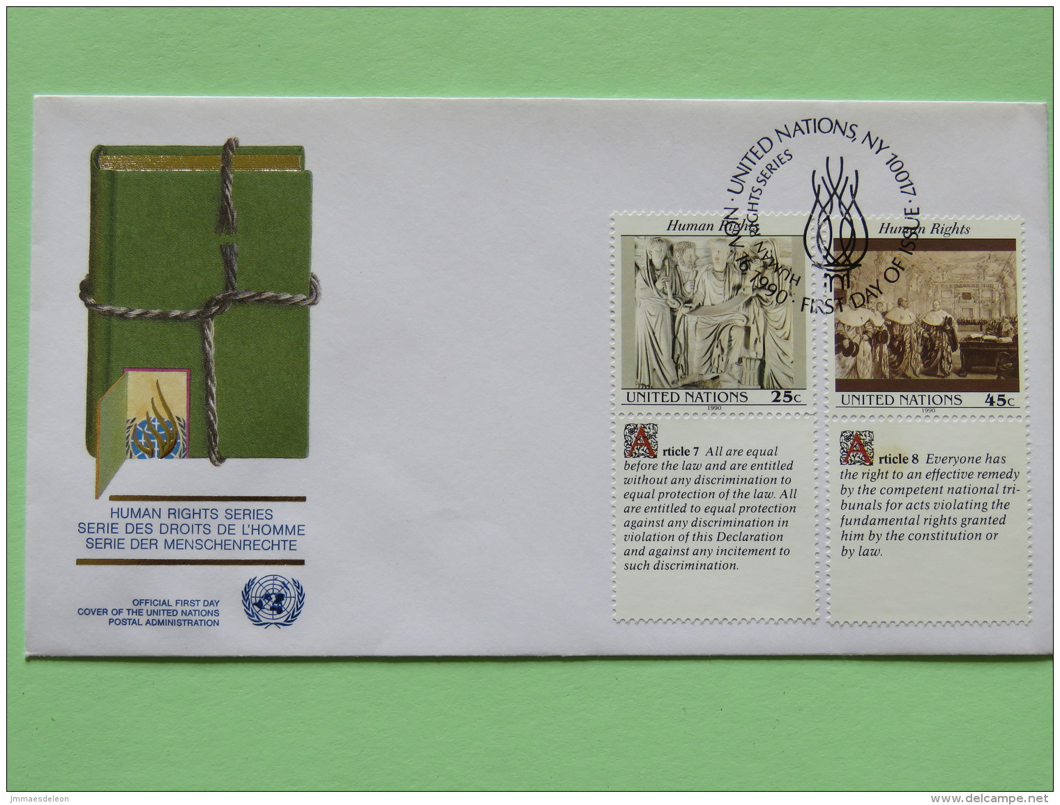 United Nations (New York) 1990 FDC Cover - Declaration Of Human Rights - Book - Briefe U. Dokumente