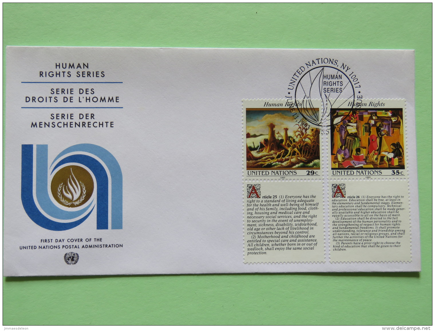 United Nations (New York) 1993 FDC Cover - Declaration Of Human Rights - Brieven En Documenten