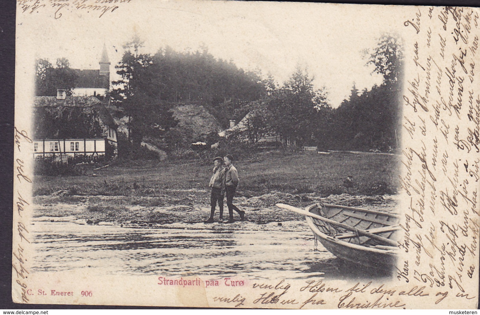 Denmark PPC Strandparti Paa Turø Stjernestempel Star Cancel THURØ 1904 C. St. Eneret 906 (2 Scans) - Briefe U. Dokumente