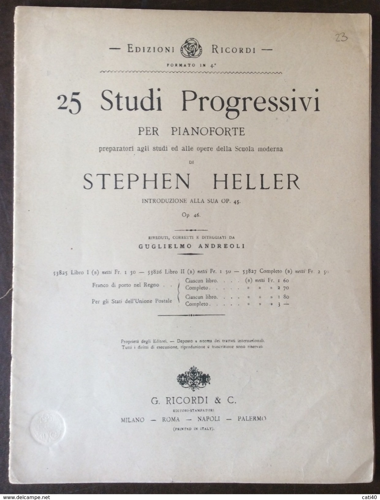 25 STUDI PROGRESSIVI PER PIANOFORTE  DI STEPHEN HELLER   EDIZIONI RICORDI  BIBLIOTECA DEL PIANISTA COME DA FOTO - Musik