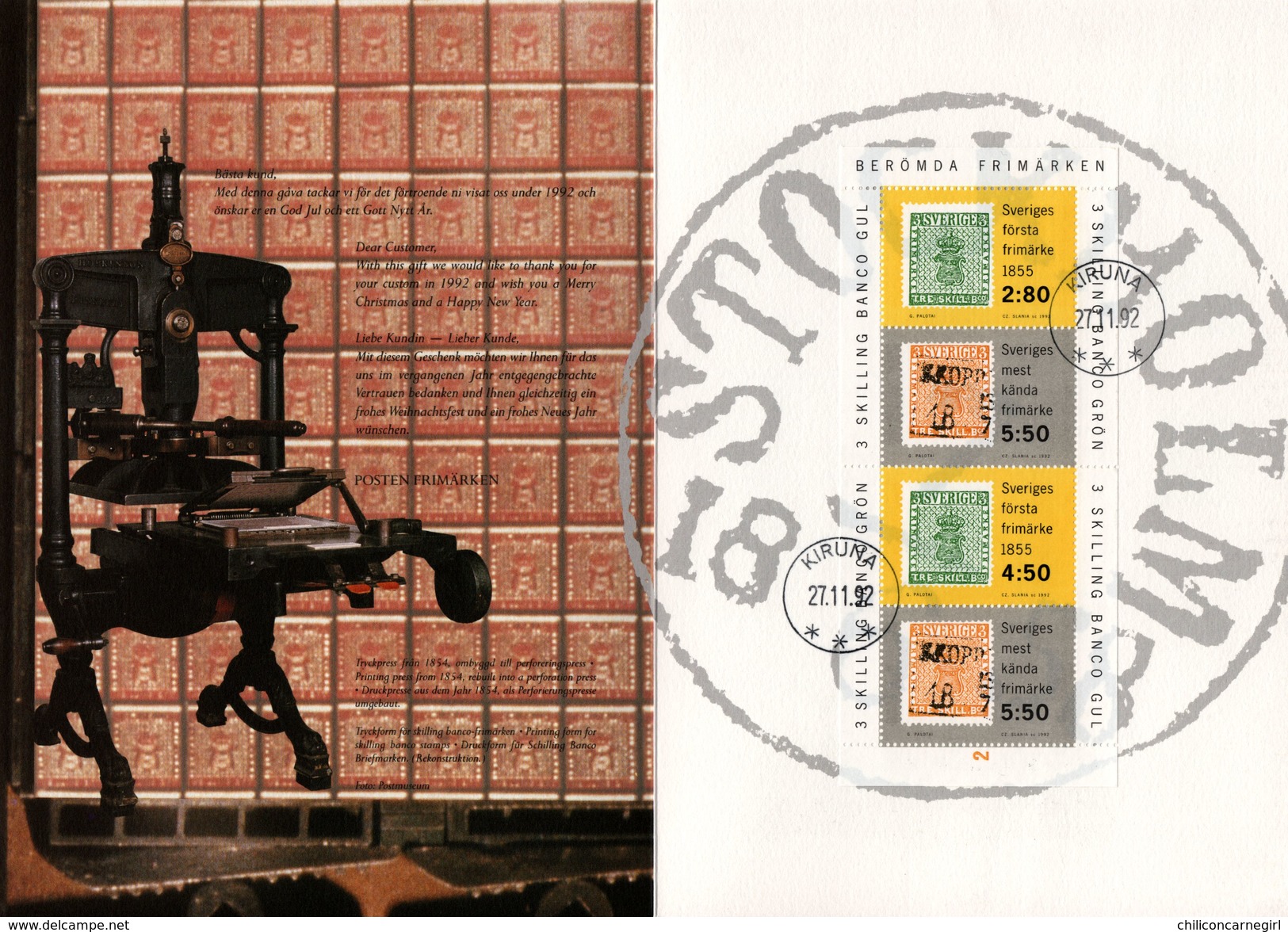 Encart - FDC - Sverige - Suéde - Block - Julgava - Kiruna - Posten Frimärken - Balance - Machine Presse - 1992 - FDC