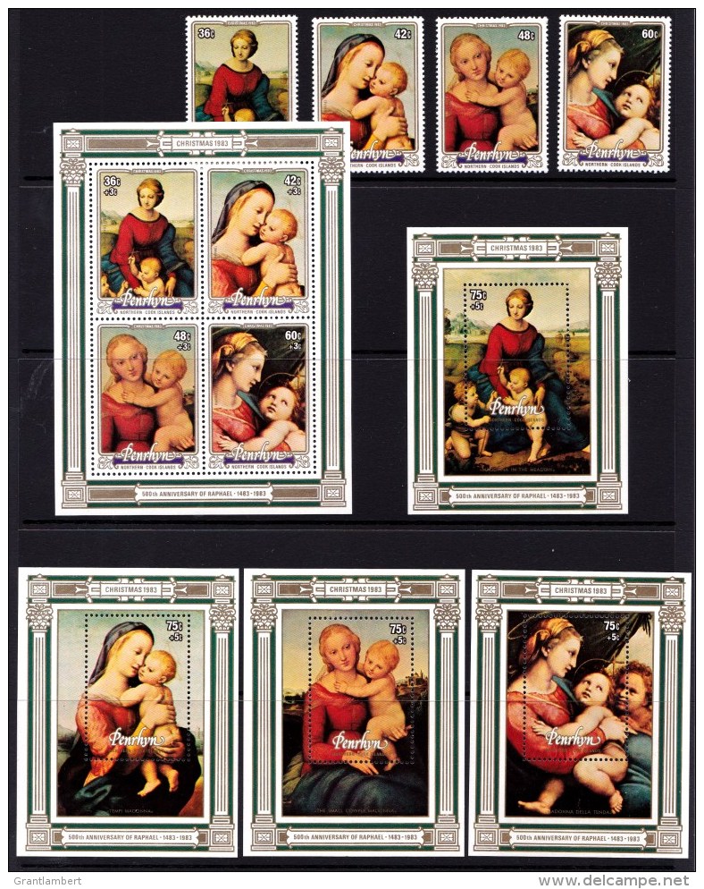 Penrhyn 1983 Christmas Raphael Anniversary Set Of 4 + 5 Minisheets MNH - Penrhyn