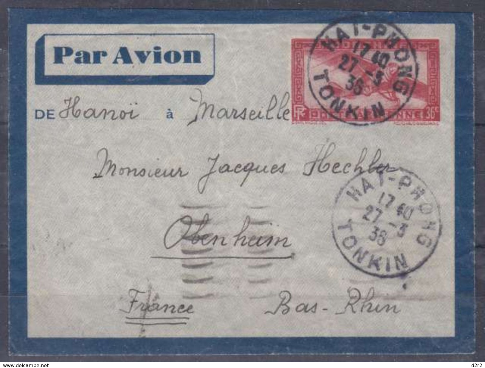 LETTRE AVIATION DE HAI-PHONG POUR LA FRANCE - OBENHEIM - 1935 - DIVERS CACHETS AU DOS - Poste Aérienne