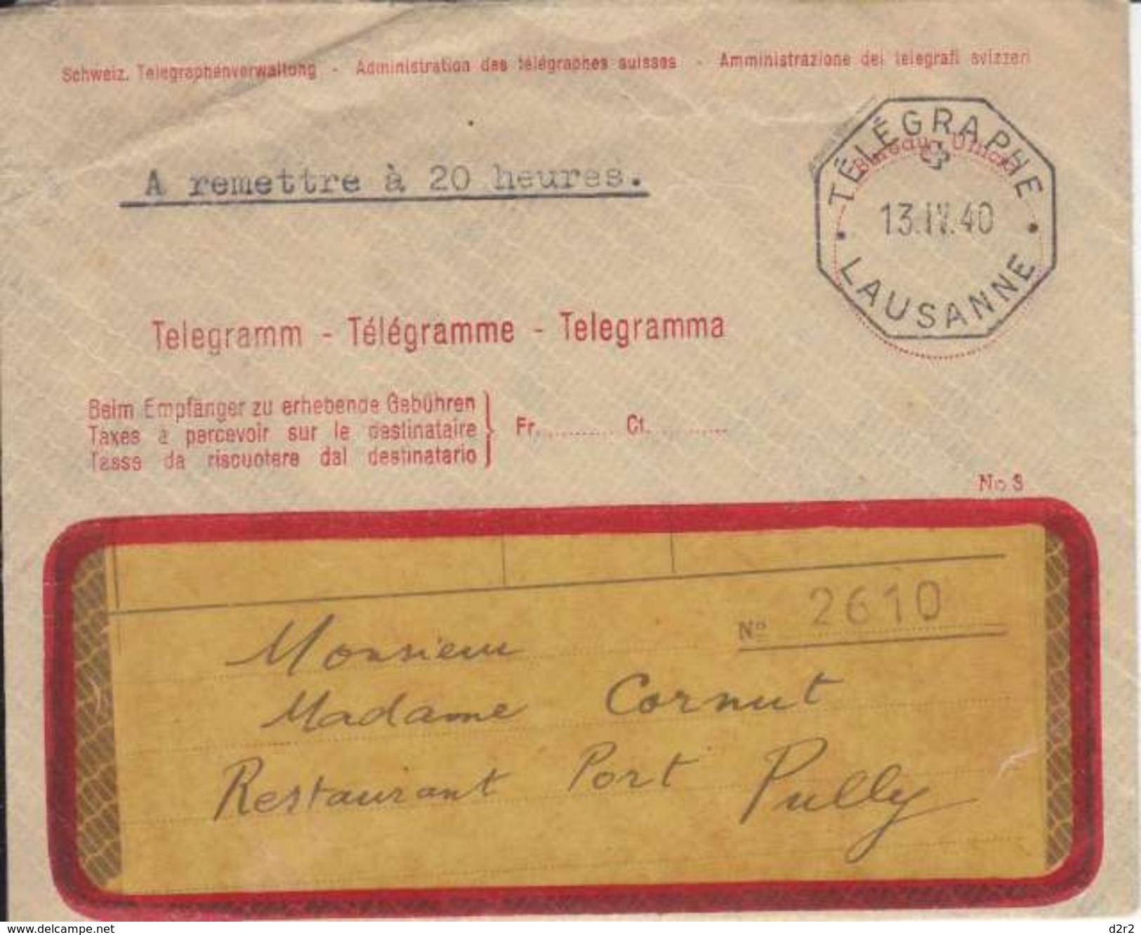 LETTRE TELEGRAPHE DE 1940 POUR PULLY - V/IMAGE - EN L'ETAT - Télégraphe