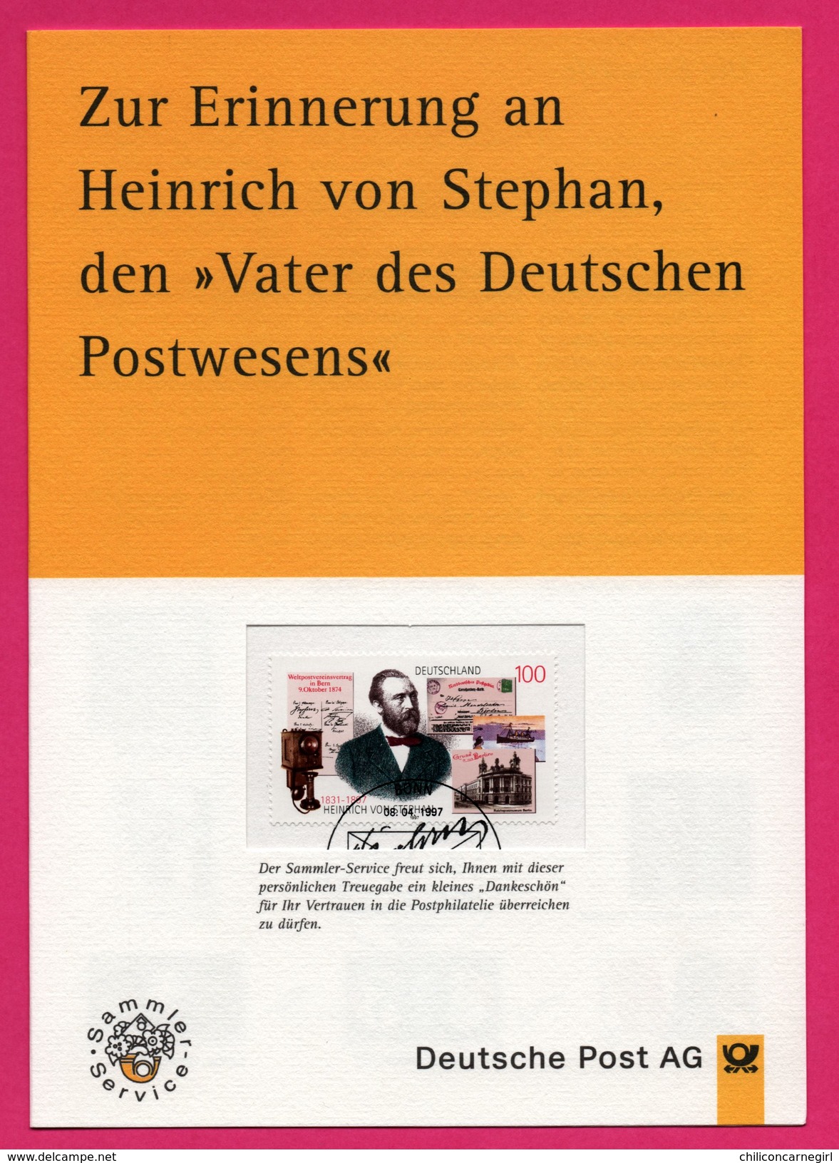 Encart - FDC - Zur Errinnerung An HEINRICH Von STEPHAN Den Veter Des Deutschen Postwesens - Bonn - 1997 - 1e Jour – FDC (feuillets)