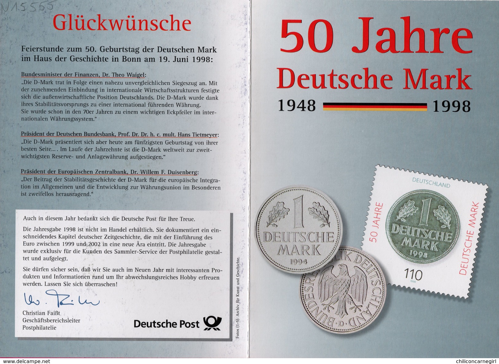 Encart - FDC - 50 Starke Jahre - 50 Jahre Deutsche Mark - ERNST JÜNGER - Bonn - 1998 - 1e Jour – FDC (feuillets)