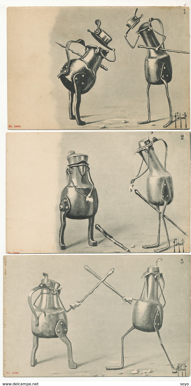 Surrealisme Signée H. Schmidt 3 Cartes Cafetieres Faisant De L' Escrime Fencing Edit Killinger Et Faivret - Escrime