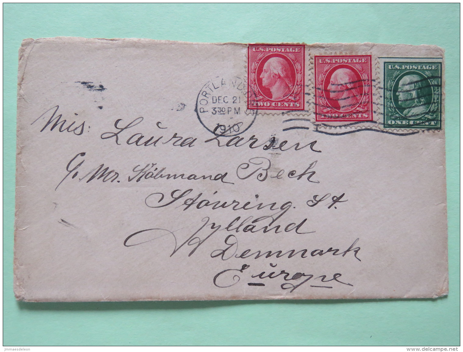 USA 1910 Cover Portland To Denmark - Washington - Franklin (perforated On 2 Sides) - Lettres & Documents