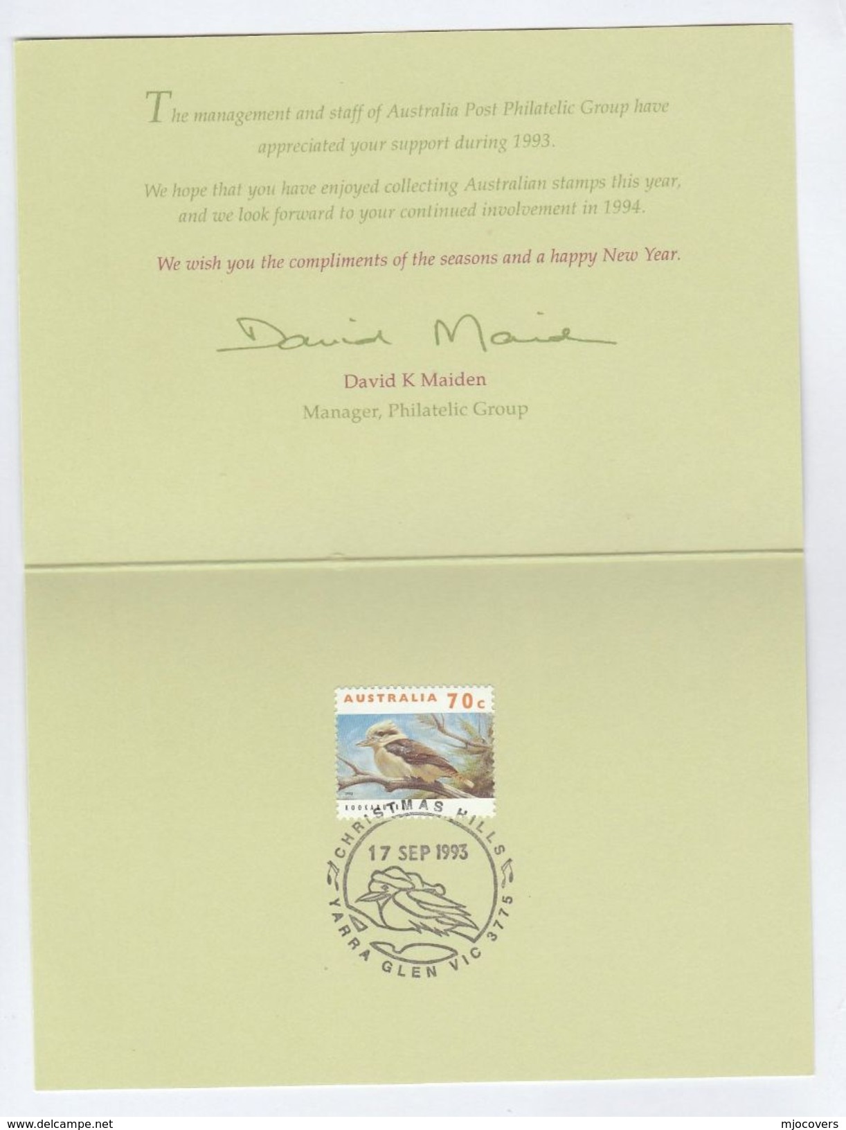 AUSTRALIA  BIRD SPECIAL CHRISTMAS COVER (card)  Pmk CHRISTMAS HILLS Kookaburra   Stamps Cover 1993 Birds - Lettres & Documents