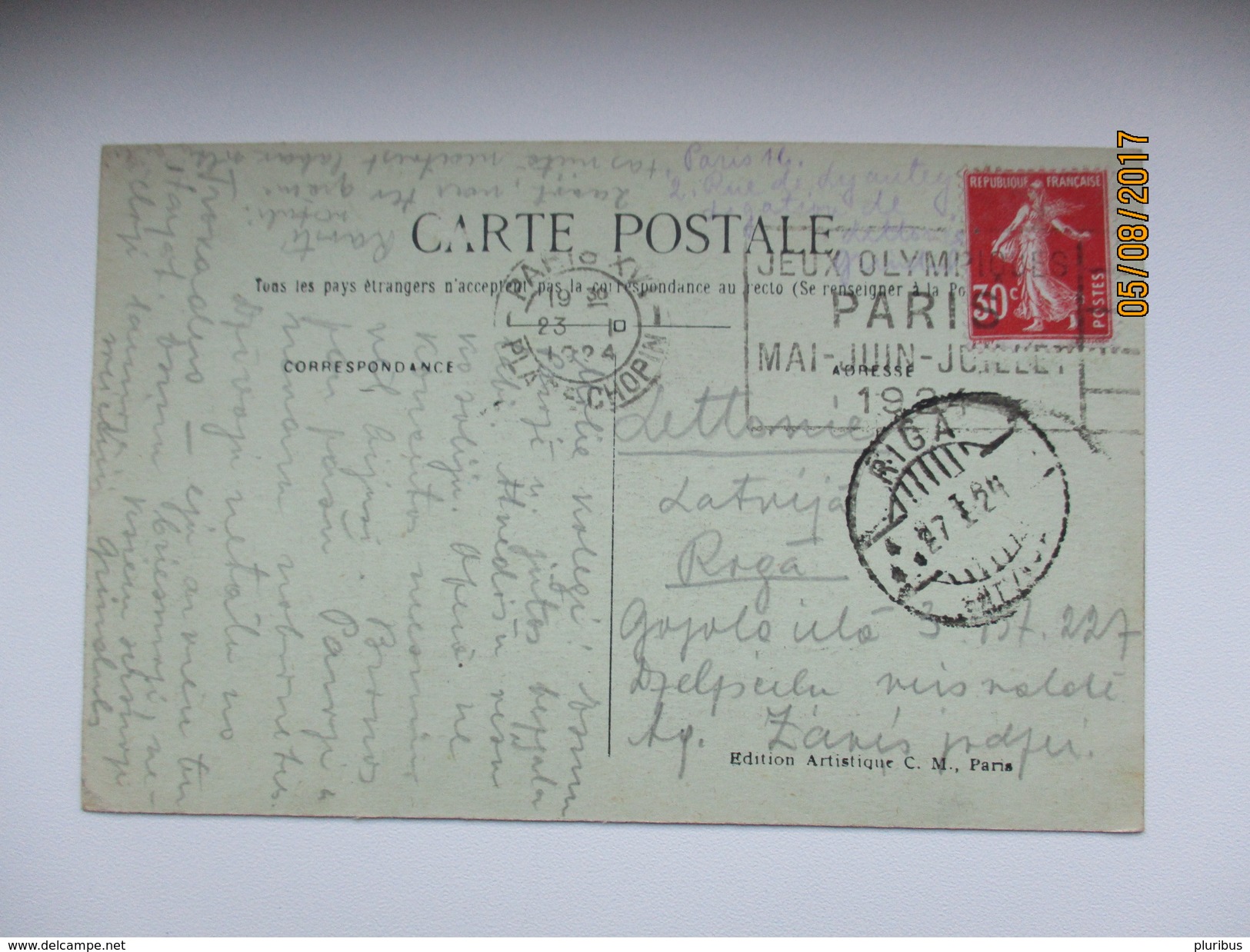 FRANCE  PARIS TO LATVIA , 1924 OLYMPIC GAMES CANCEL   , Old Postcard  , 0 - Sommer 1924: Paris