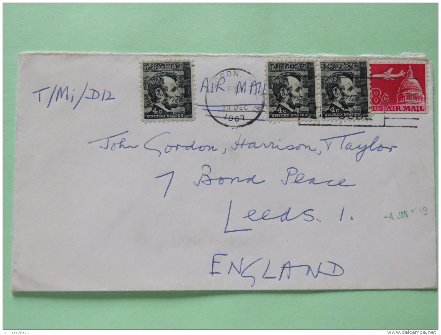 USA 1967 Cover Tucson To England - Pane Over Capitol - Lincoln - Covers & Documents