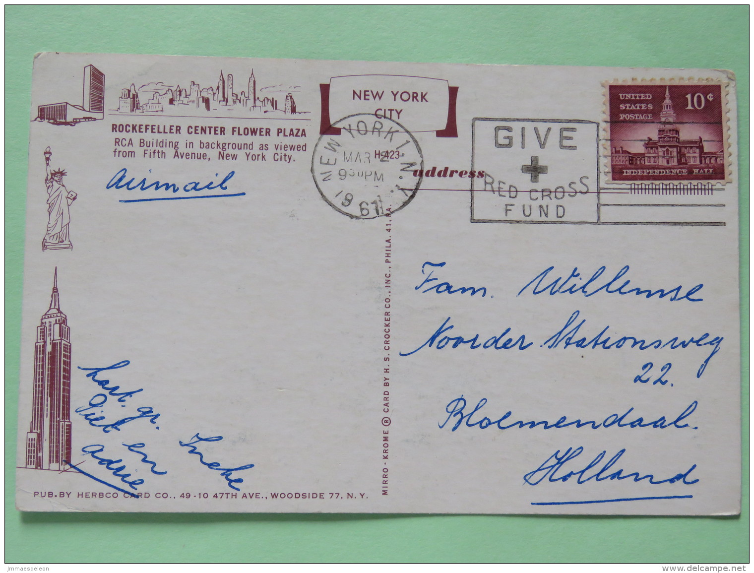 USA 1967 Postcard ""New York City - Rockefeller Center"" To Holland - Independence Hall - Red Cross Slogan - Covers & Documents