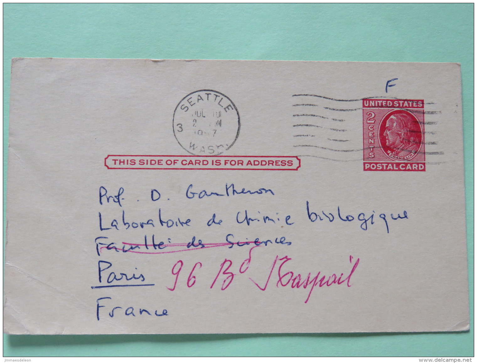 USA 1967 Stationery Postcard Seattle To France - Franklin - Covers & Documents