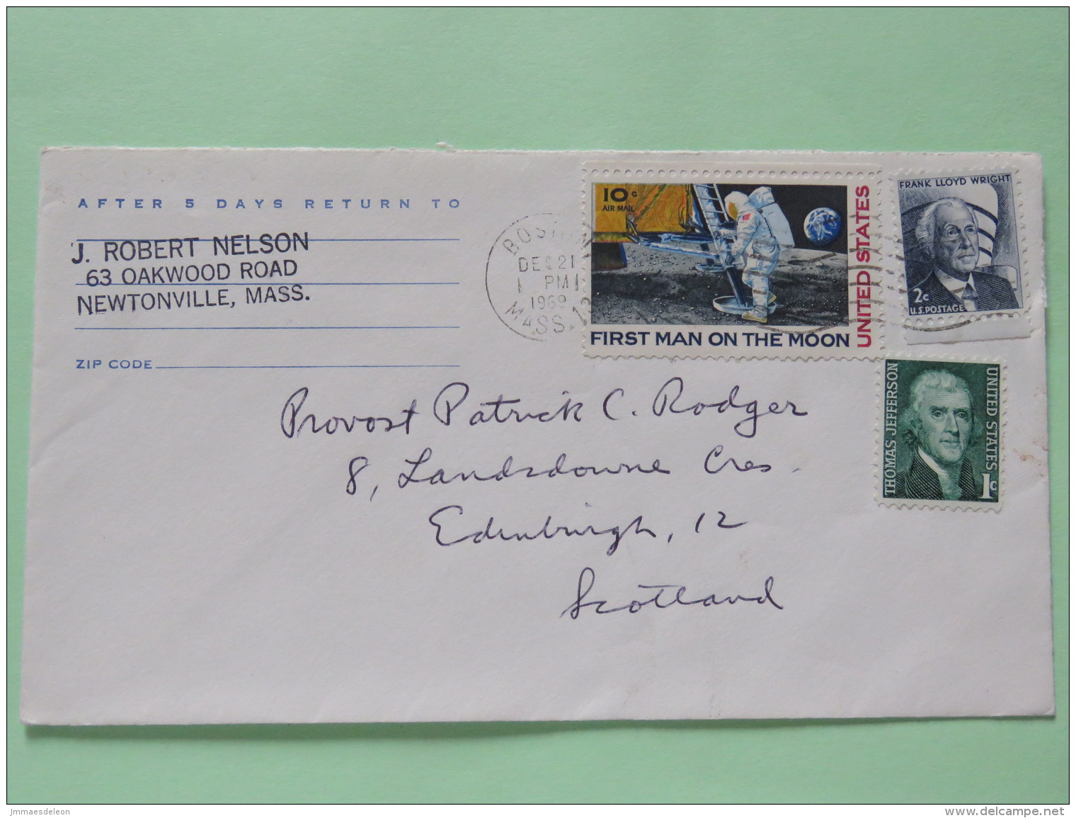 USA 1969 Cover Newtonville To Scotland U.K. - Space Man On Moon - Lloyd Wright - Jefferson - Covers & Documents