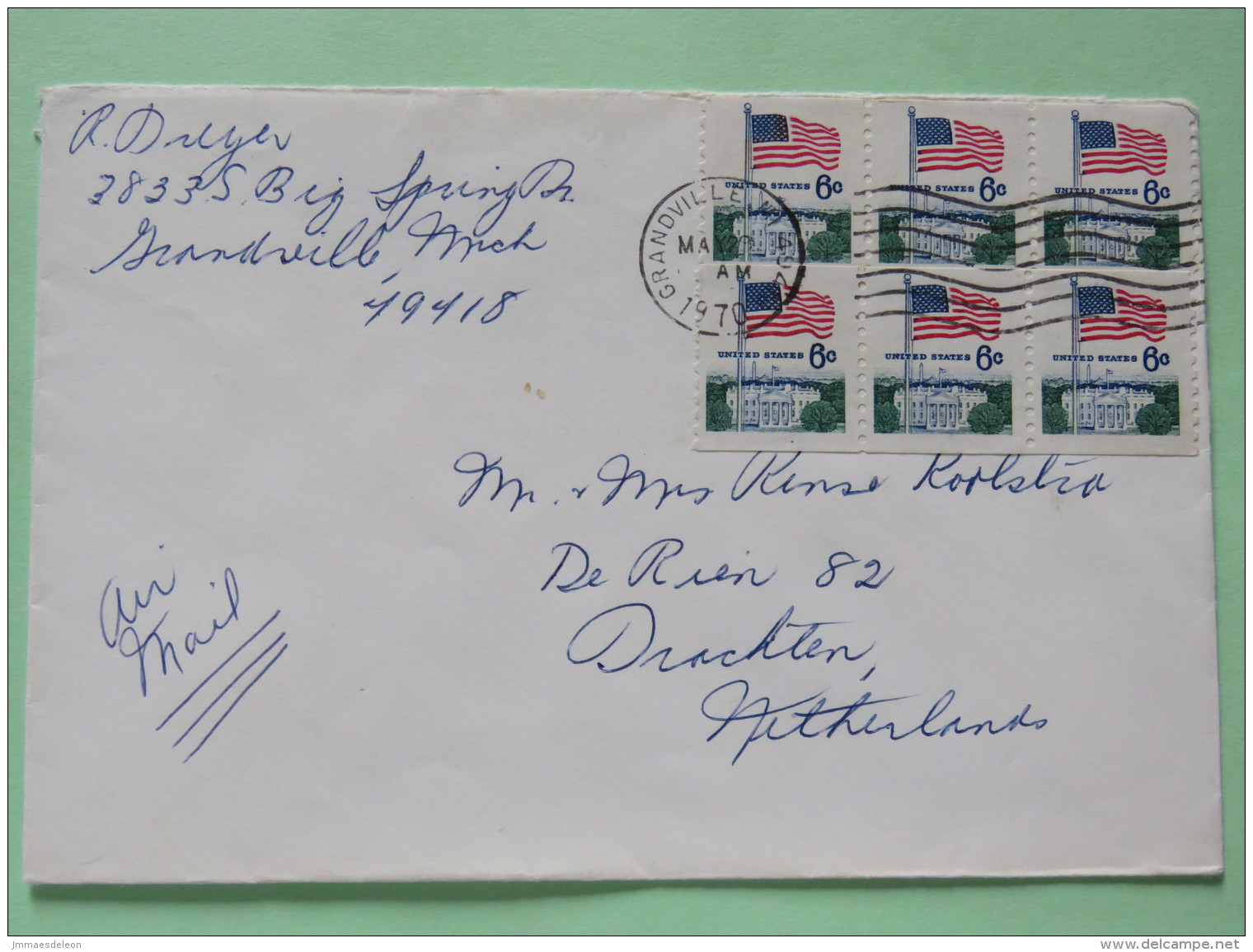 USA 1970 Cover Grandville To Holland - Flags (coil 6x) - Covers & Documents