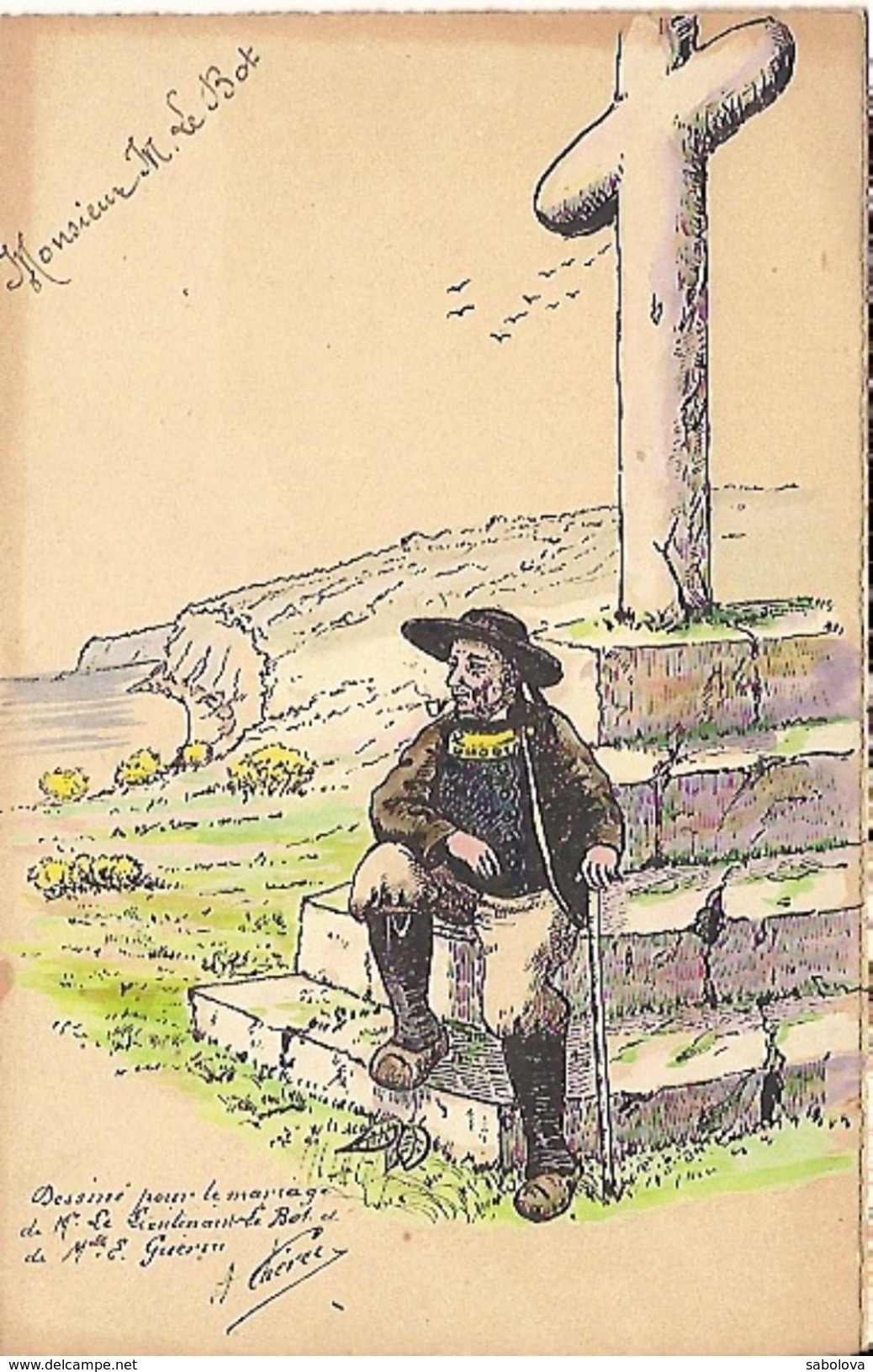 Menu Breton Aquarelle à La Main 21 Mai 1924 Lieutenant Le Bot Elle Guérin . Dessin : Breton Et Calvaire - Menu