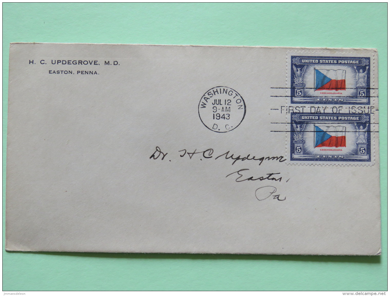 USA 1943 FDC Cover To Easton - Flags - Czechoslovakia - Covers & Documents