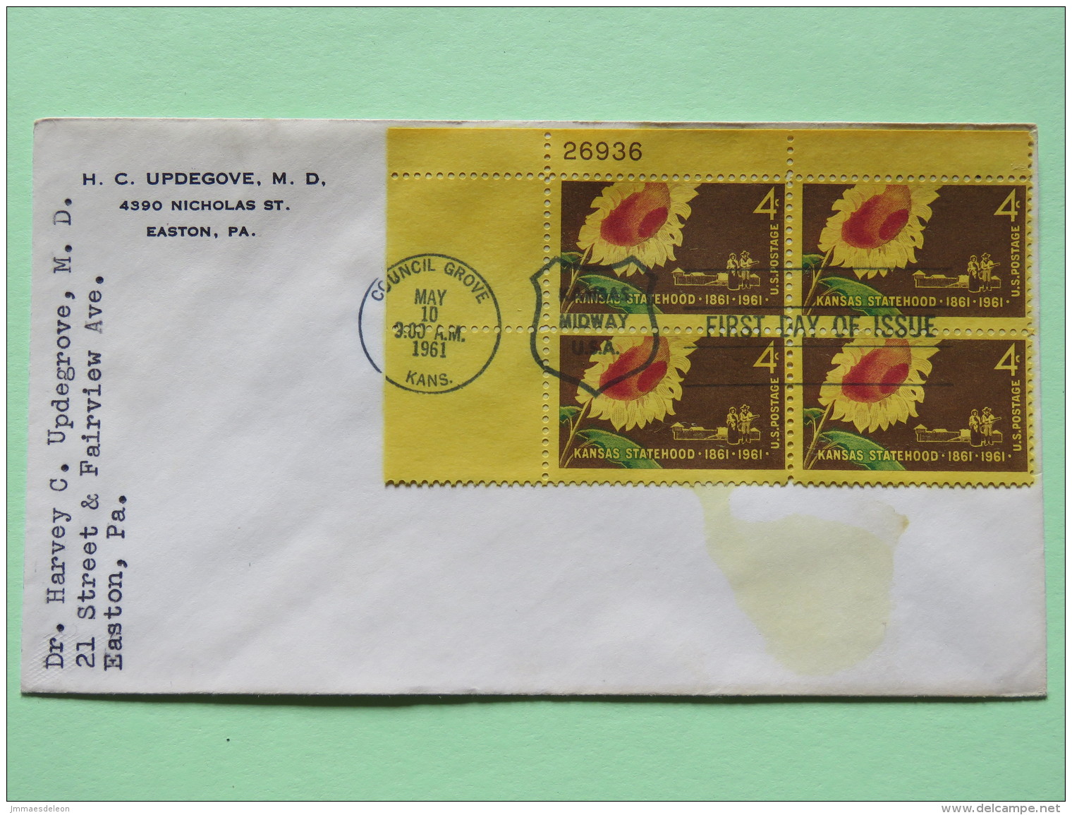 USA 1961 FDC Cover To Easton - Kansas Statehood - Sunflower - Covers & Documents