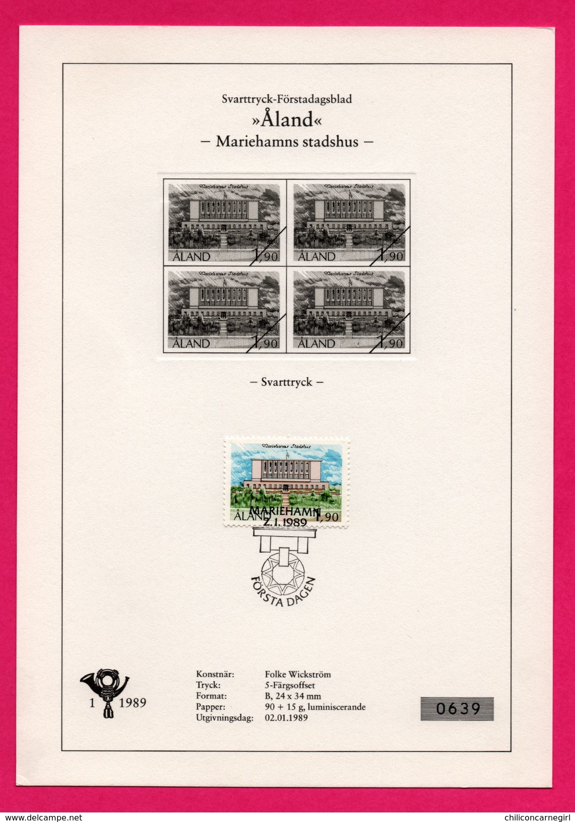 Encart - FDC - Aland - Mariehamns Stadhus - Svarttryck - FOLKE WICKSTRÖM - 1989 - N°639 - Aland