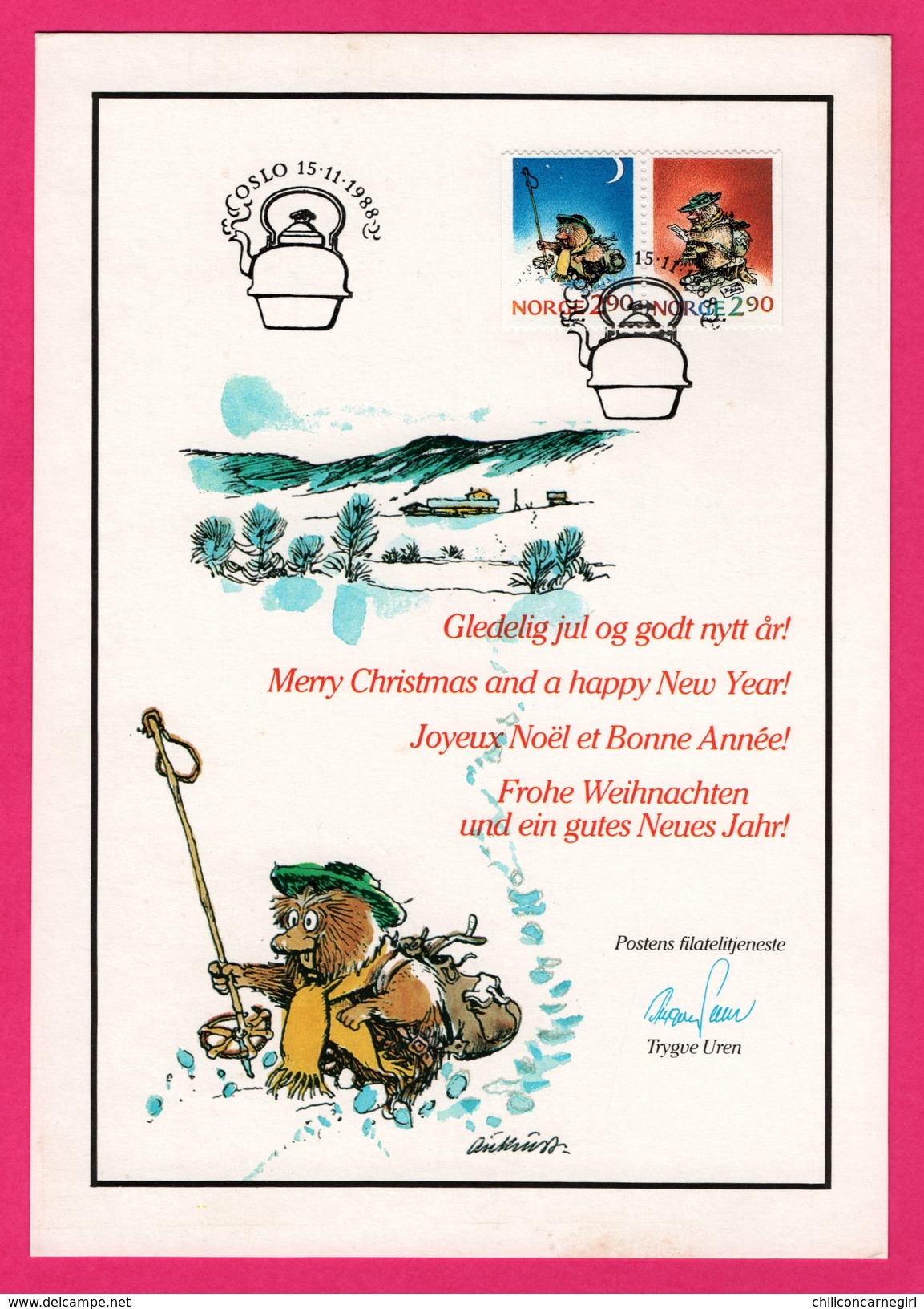 Encart - FDC - Oslo - Norge - Joyeux Noël Et Bonne Année - TRYGVE UREN - Oslo - 1988 - FDC