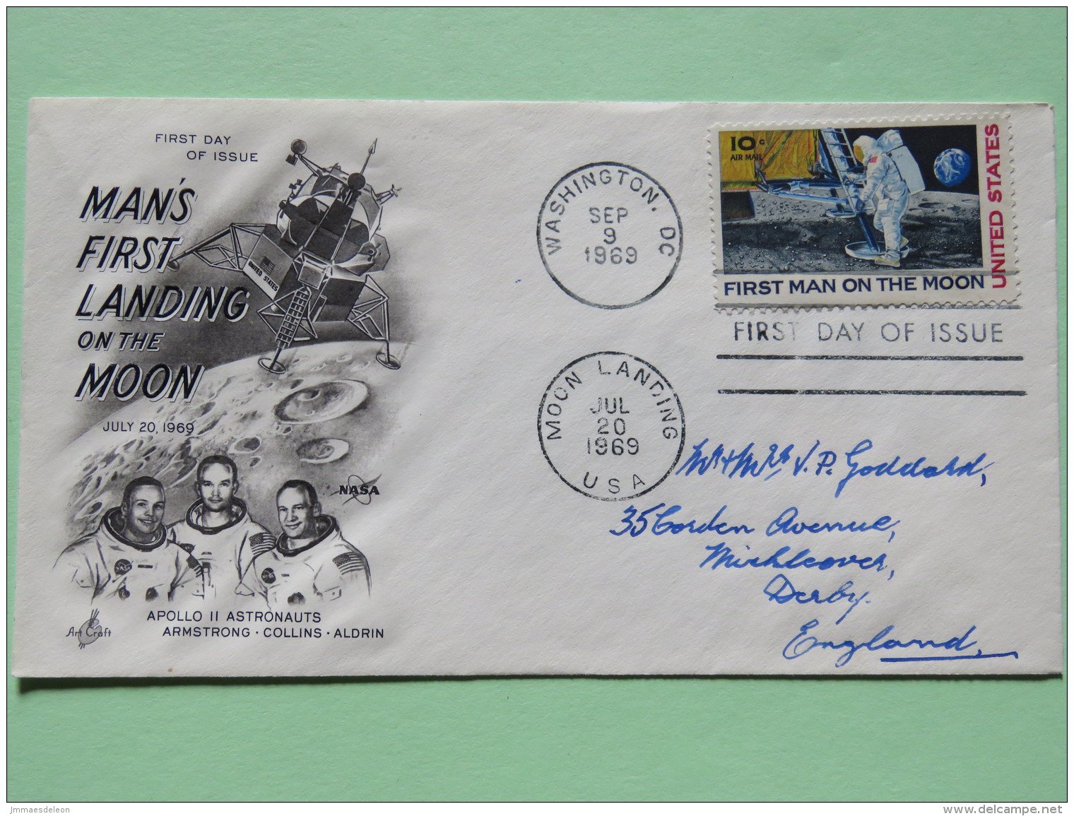 USA 1969 FDC Cover To England - First - Moon Landing Cancel Man On Moon - Covers & Documents