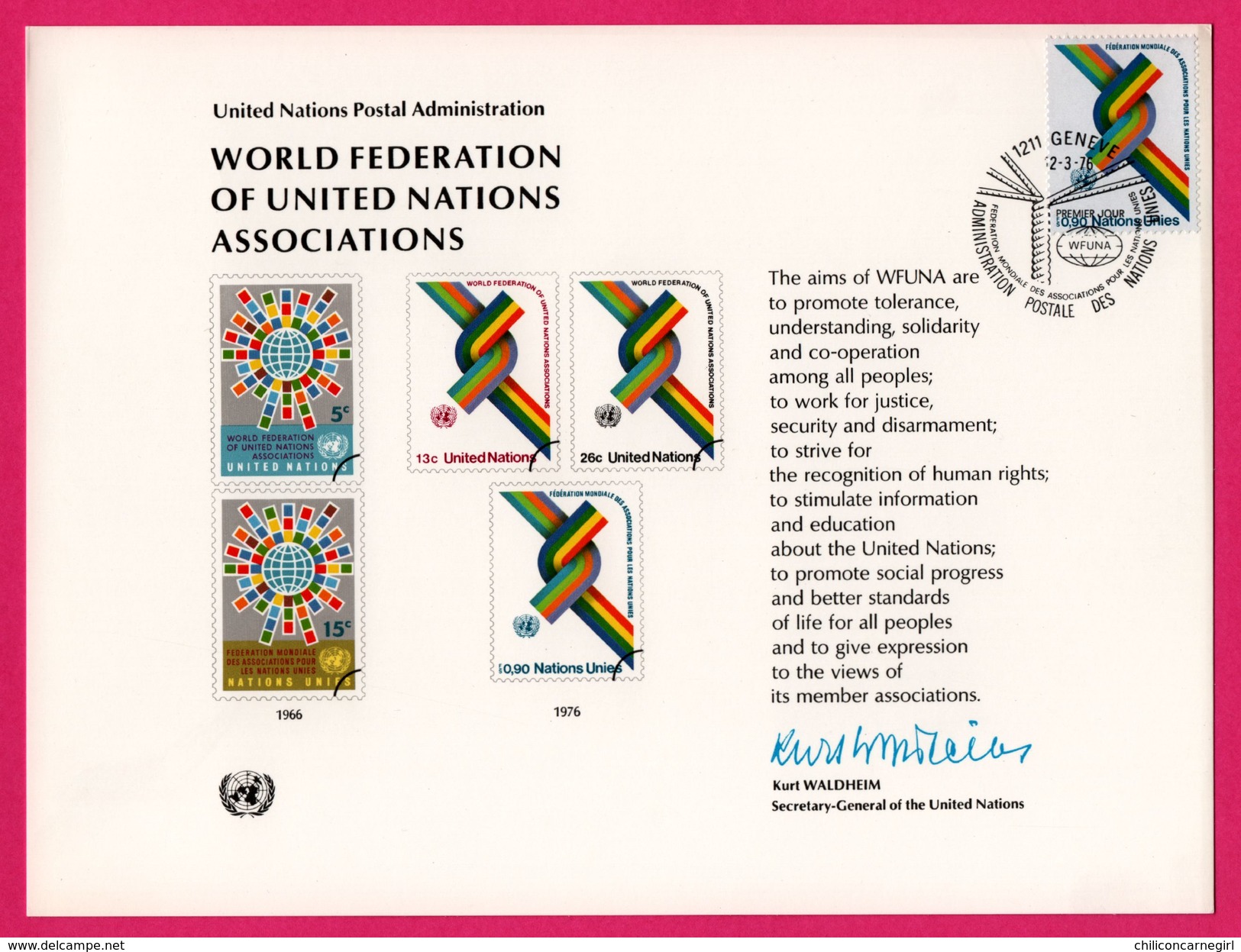 Encart - FDC - World Federation Of United Nations Associations 1976 - Genève - Adminis. Postale Des Nations Unies - Emissions Communes New York/Genève/Vienne