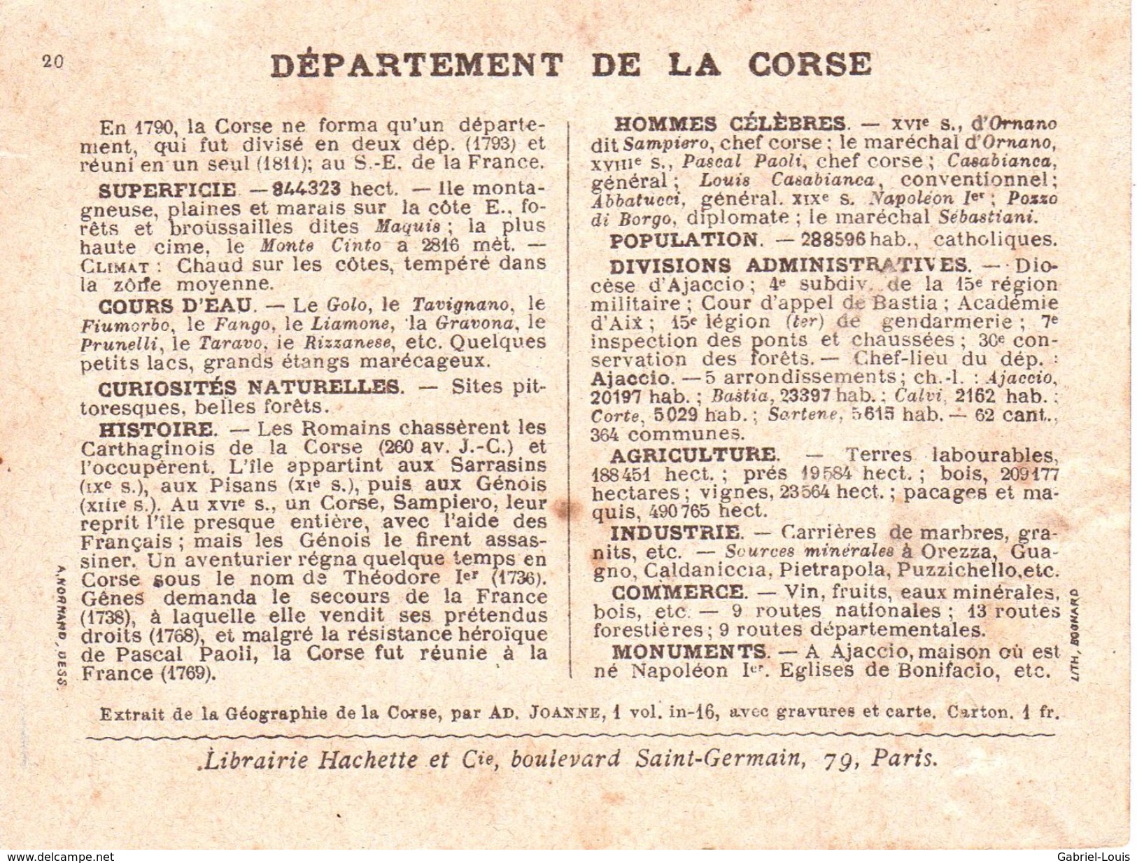 Carton Département De La Corse / 11.5 X 8.7 Cm / Librairie Hachette / Infos Au Verso / 2 Scan - Geographical Maps