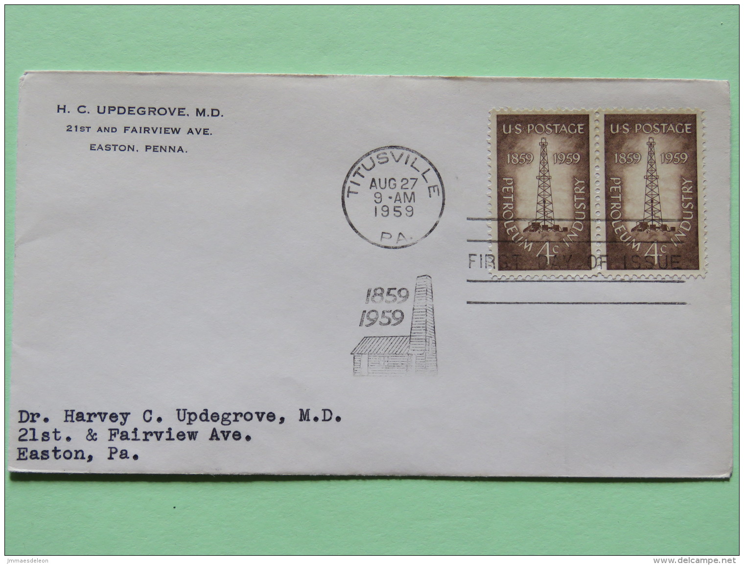 USA 1959 FDC Cover Titusville To Easton - Petroleum Industry - Lettres & Documents