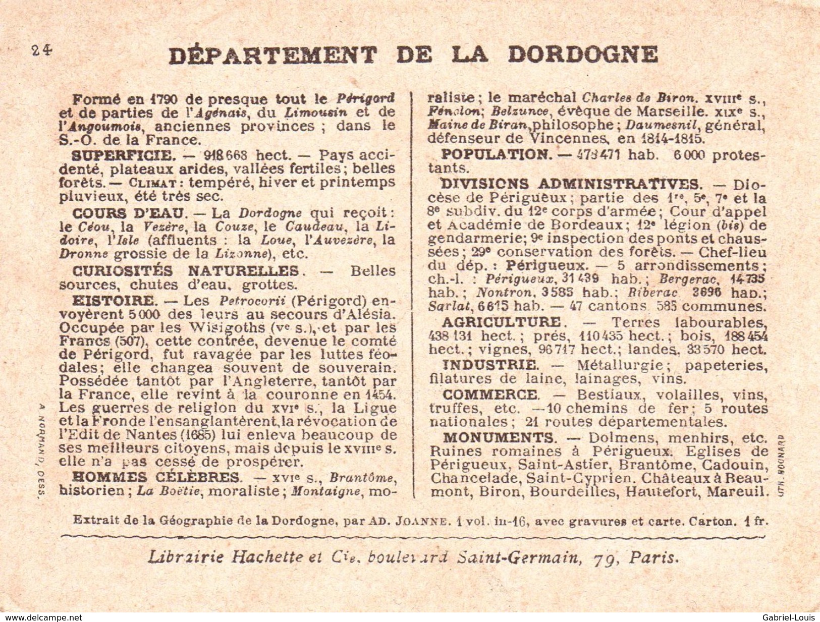 Carton Département De La Dordogne / 11.5 X 8.7 Cm / Librairie Hachette / Infos Au Verso / 2 Scan - Geographical Maps