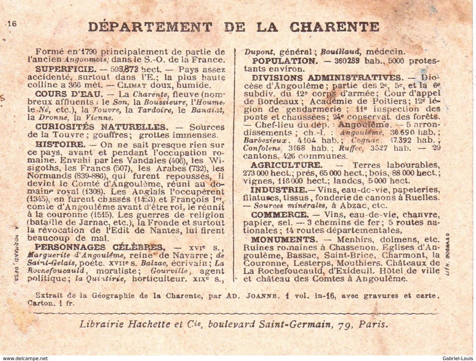 Carton Département De La Charente / 11.5 X 8.7 Cm / Librairie Hachette / Infos Au Verso / 2 Scan - Geographical Maps