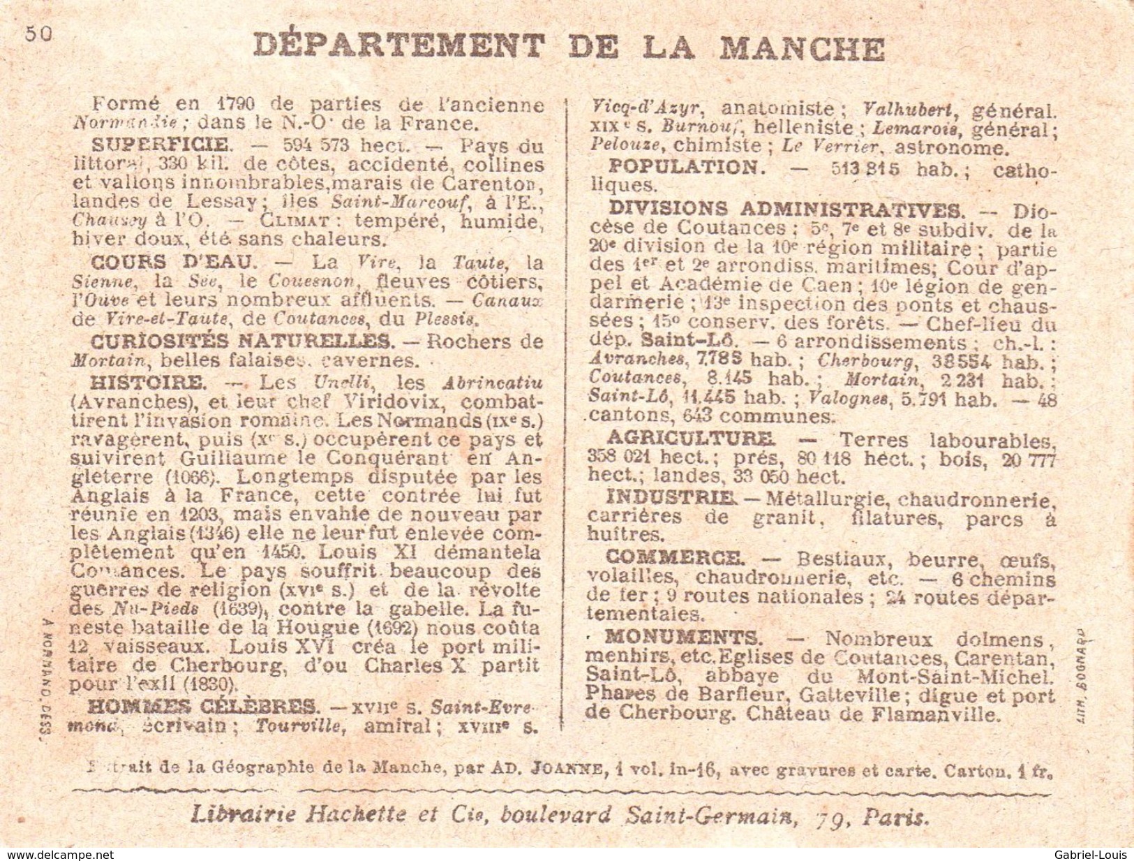 Carton Département De La Manche / 11.5 X 8.7 Cm / Librairie Hachette / Infos Au Verso / 2 Scan - Geographical Maps