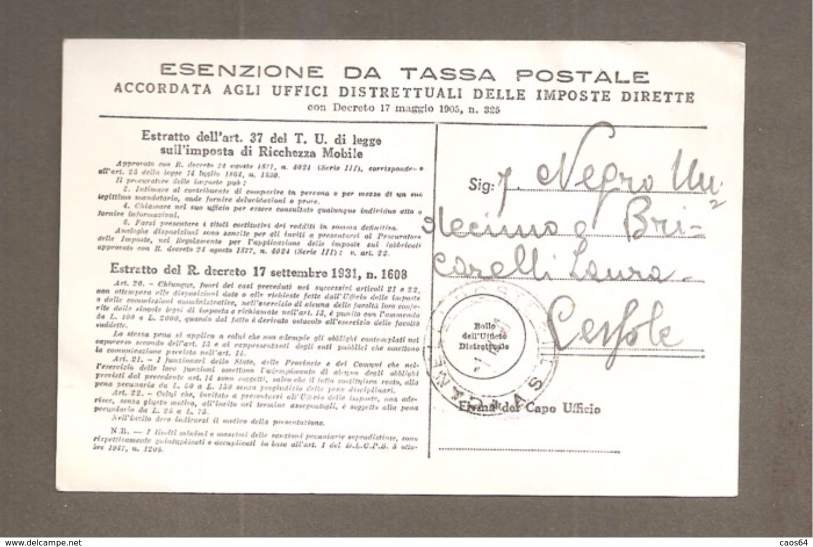 UFFICIO DISTRETTUALE DELLE IMPOSTE DIRETTE ANNULLO CANELLI ASTI  CARTOLINA AVVISO 1960 - 1946-60: Storia Postale