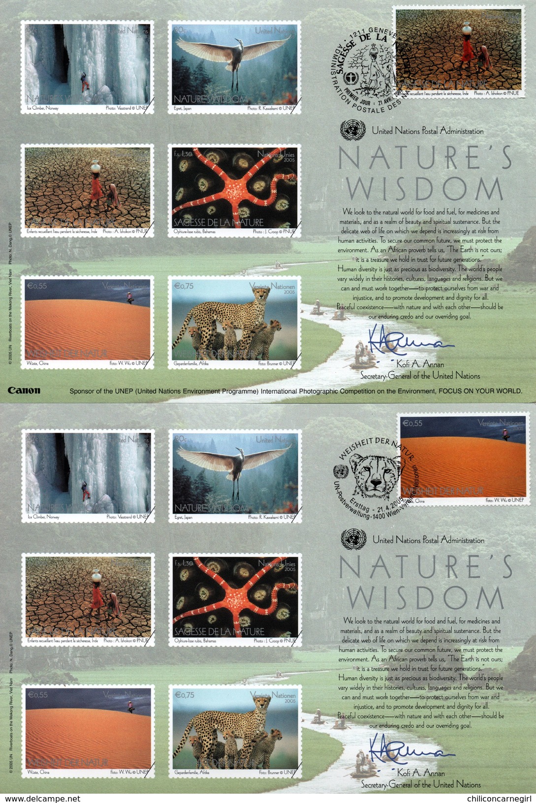 3 Encarts - FDC - Nature's Wisdom - Animaux - Guépard - Étoile De Mer - Désert - KOFI A. ANNAN - 2005 - Emissions Communes New York/Genève/Vienne