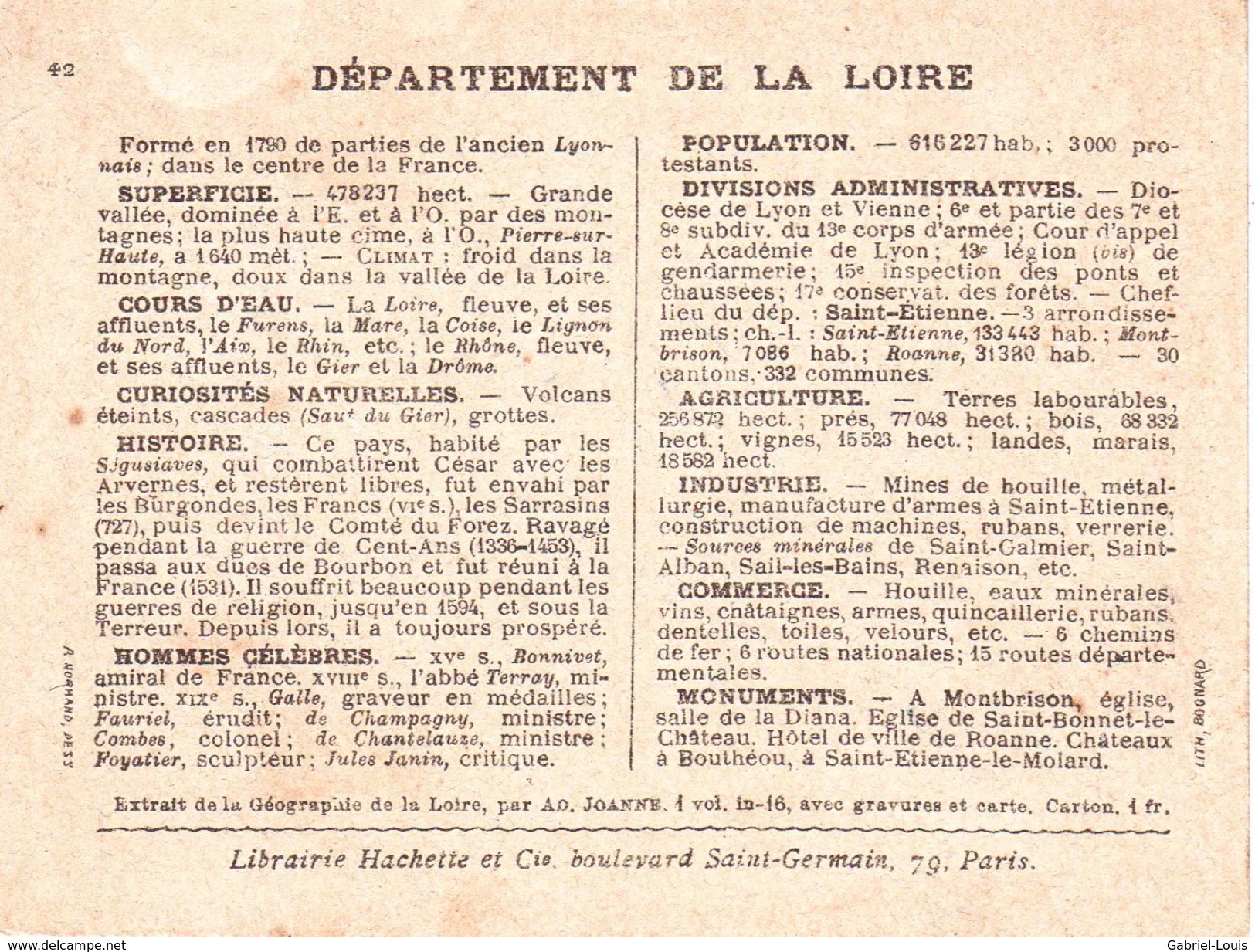 Carte Cartonnée Département De La Loire / 11.5 X 8.7 Cm / Librairie Hachette / Infos Au Verso / 2 Scan - Geographical Maps