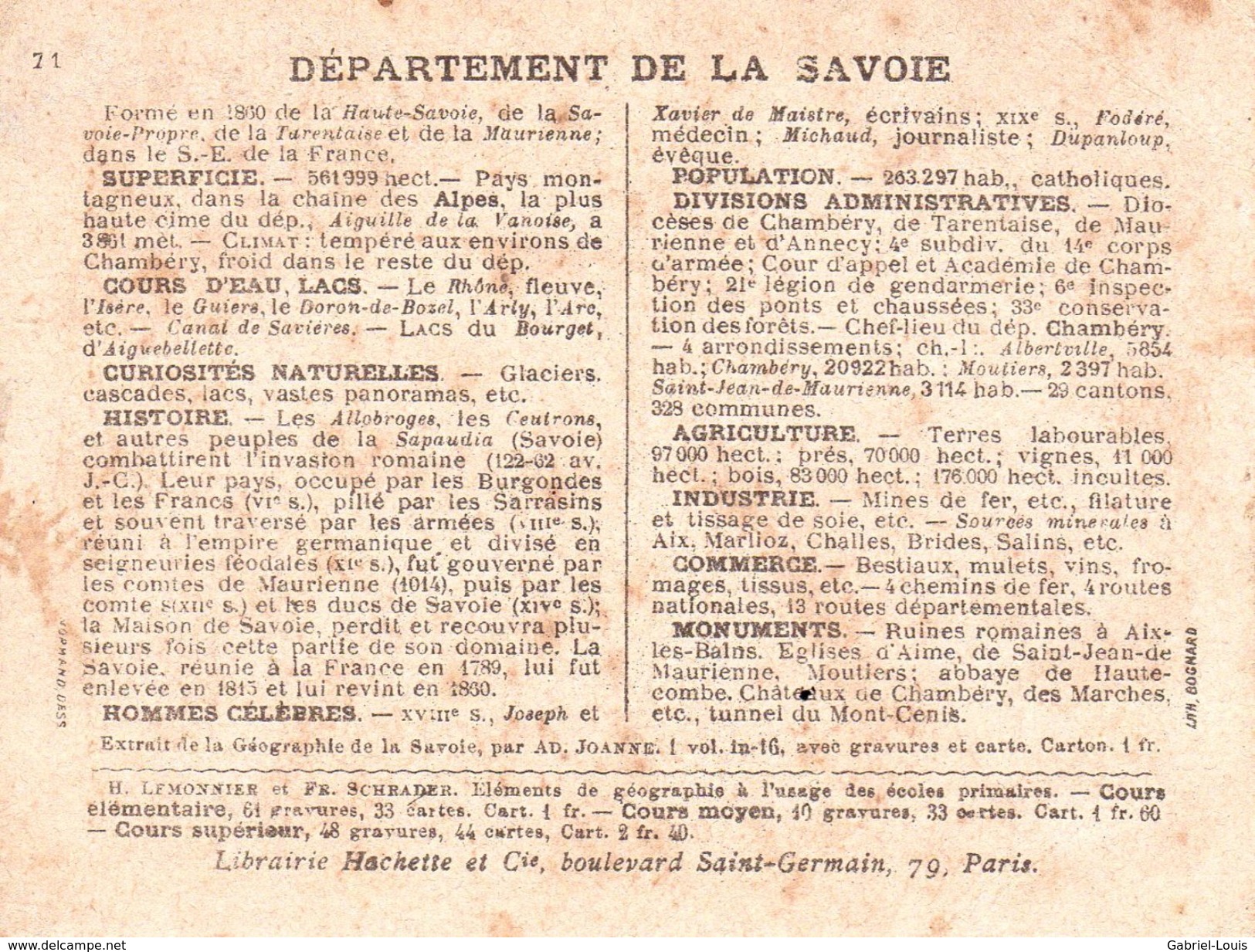 Carte Cartonnée Département De La Savoie / 11.5 X 8.7 Cm / Librairie Hachette / Infos Au Verso / 2 Scan - Mapas Geográficas