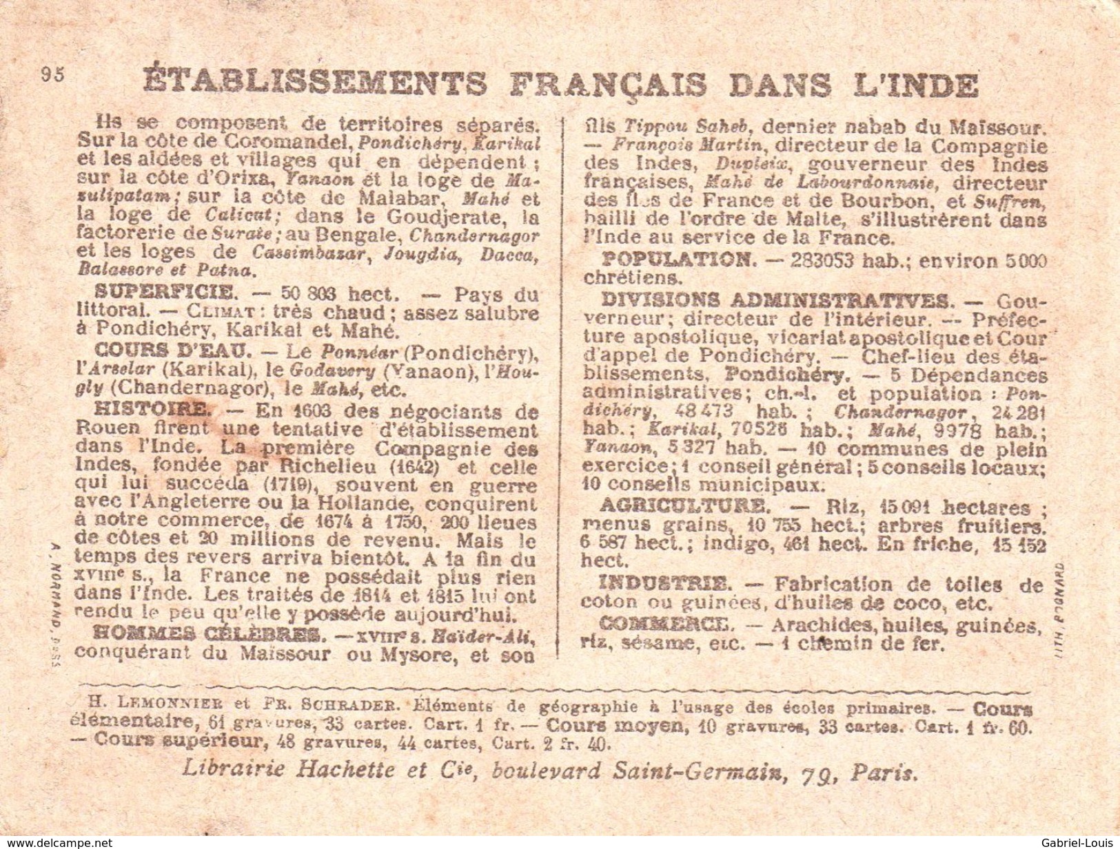 Etablissements Français Dans L'Inde / 11.5 X 8.7 Cm / Librairie Hachette / Infos Au Verso / 2 Scan - Landkarten