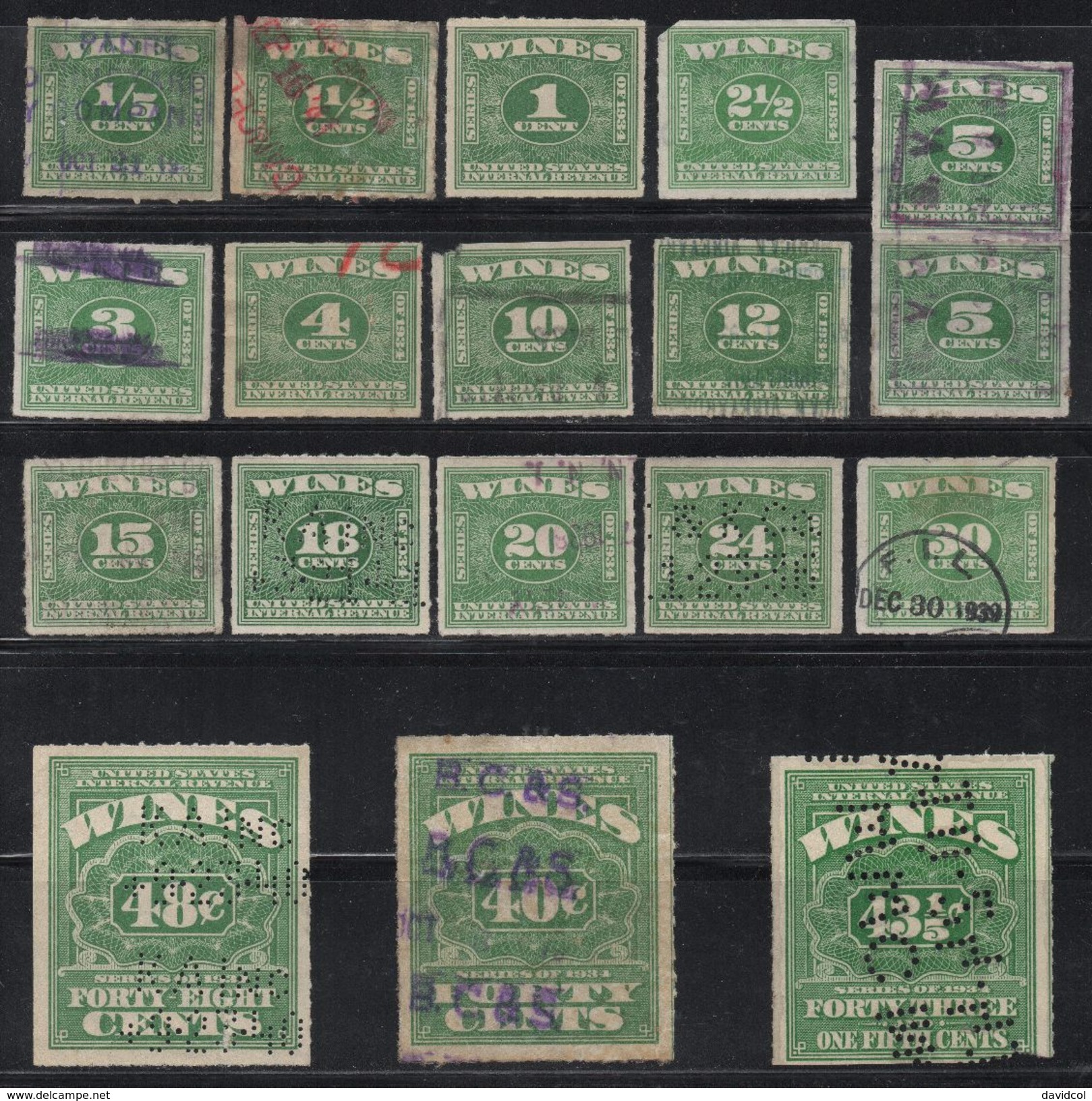 R272.-. USA- 1934- WINE STAMPS LOT X 18 STAMPS- USED -1/5  CENT. TO 43 1/5 CENTS. - Steuermarken