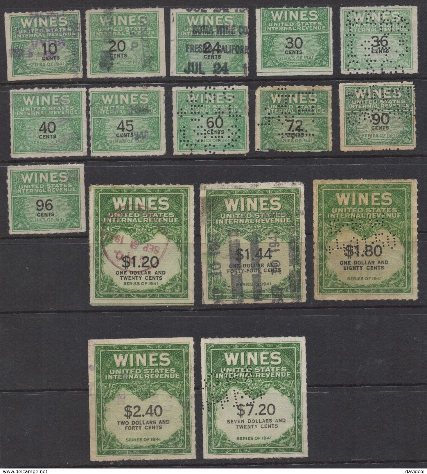 R273.-. USA- 1941- WINE STAMPS LOT X 16 STAMPS- USED -1O CENTS  TO US$ 7.20 - Steuermarken