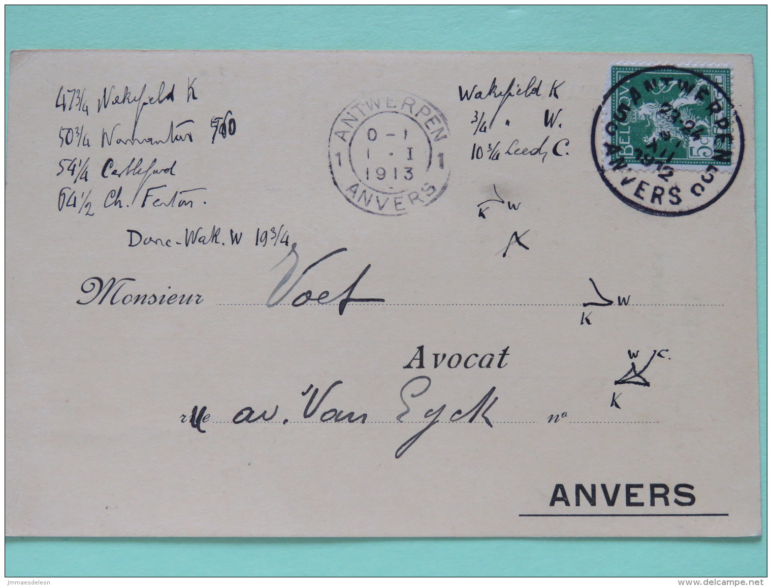Belgium 1913 Postcard Antwerpen To Anvers - Lion - 1912 Pellens