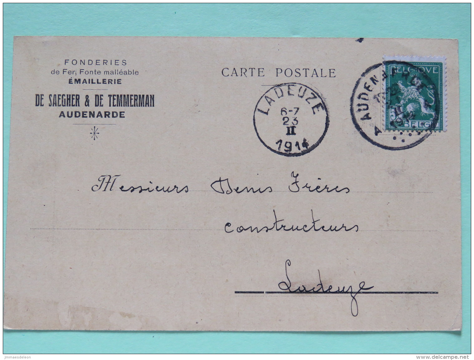 Belgium 1914 Postcard Audenarde To Ladeuze -lion - 1912 Pellens