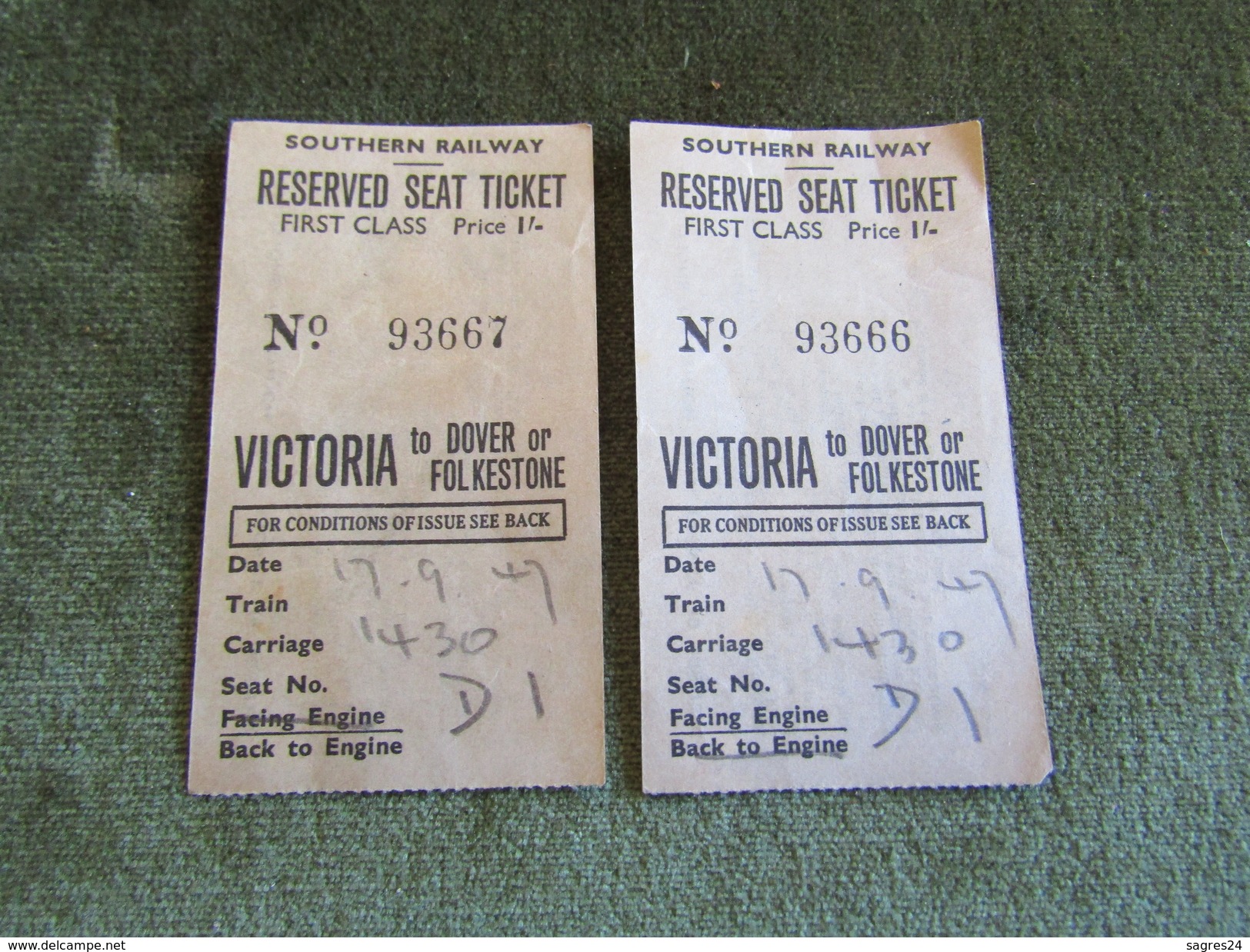 Two Tickets Southern Railway First Class Victoria To Dover Or Folkestone 1947 - Europa