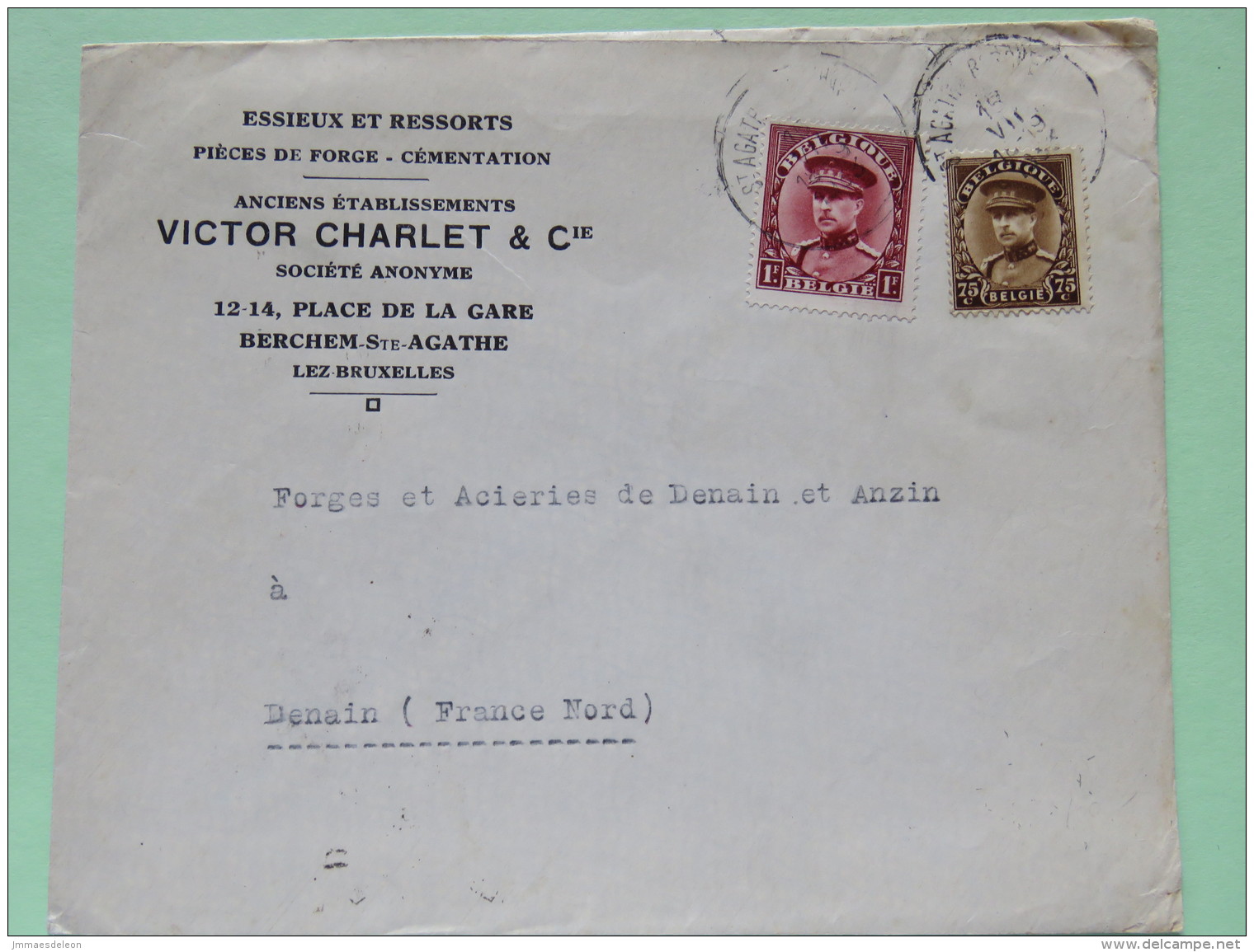 Belgium 1933 Cover Ste. Agathe To Denain France - King Albert I - 1931-1934 Kepi