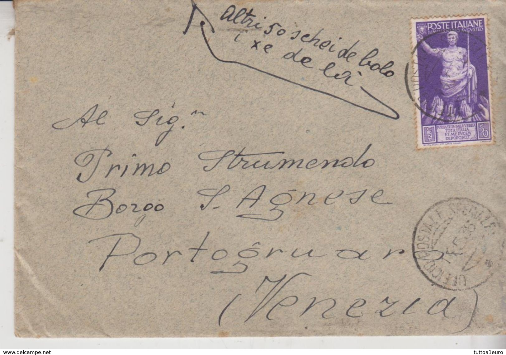 Portogruaro Venezia 1938 Annullo Ufficio Postale Speciale Bimillenario Augusteo Doppio Chiudilettera - Storia Postale