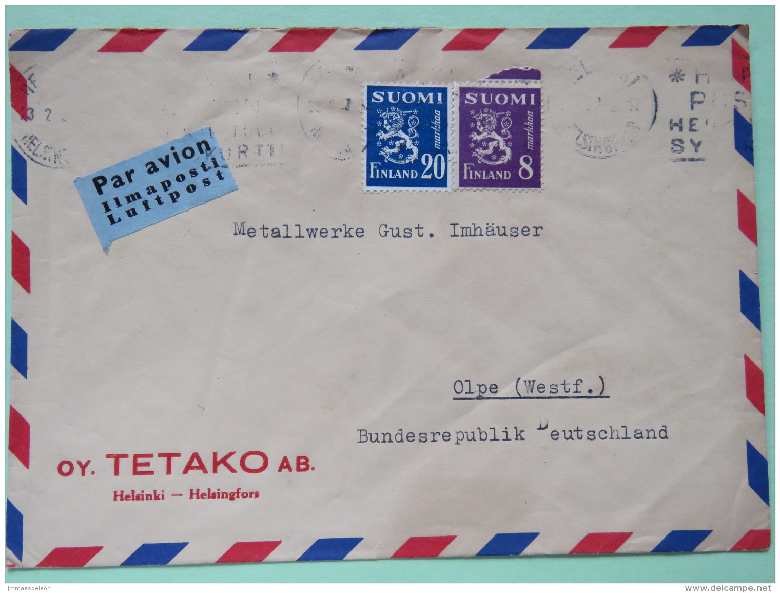 Finland 1955 Cover Helsinki To Germany - Lion Arms - Covers & Documents