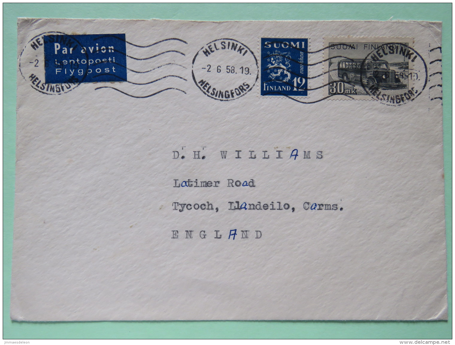 Finland 1958 Cover Helsinki To England - Lion Arms - Postal Bus - Covers & Documents